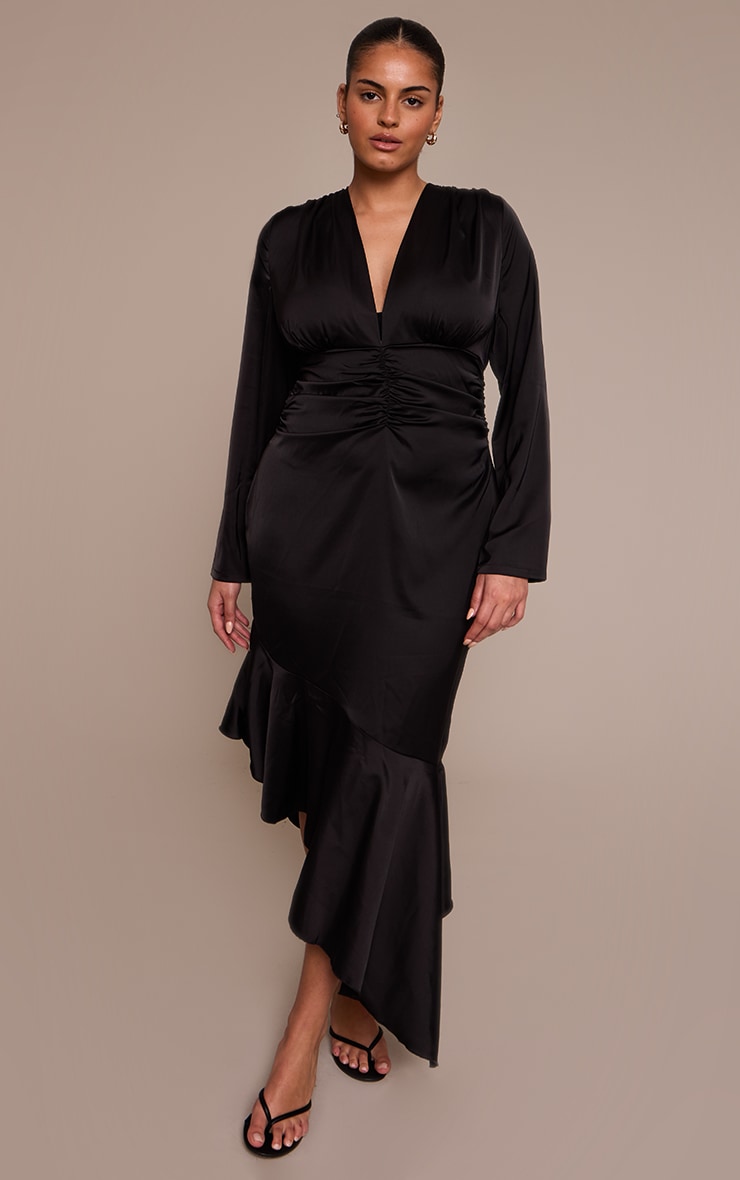 Plus Black Satin Ruched Waist Long Sleeve Maxi Dress image 1