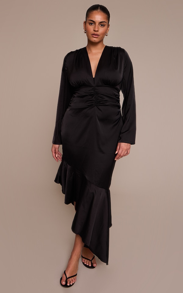 Plus Black Satin Ruched Waist Long Sleeve Maxi Dress