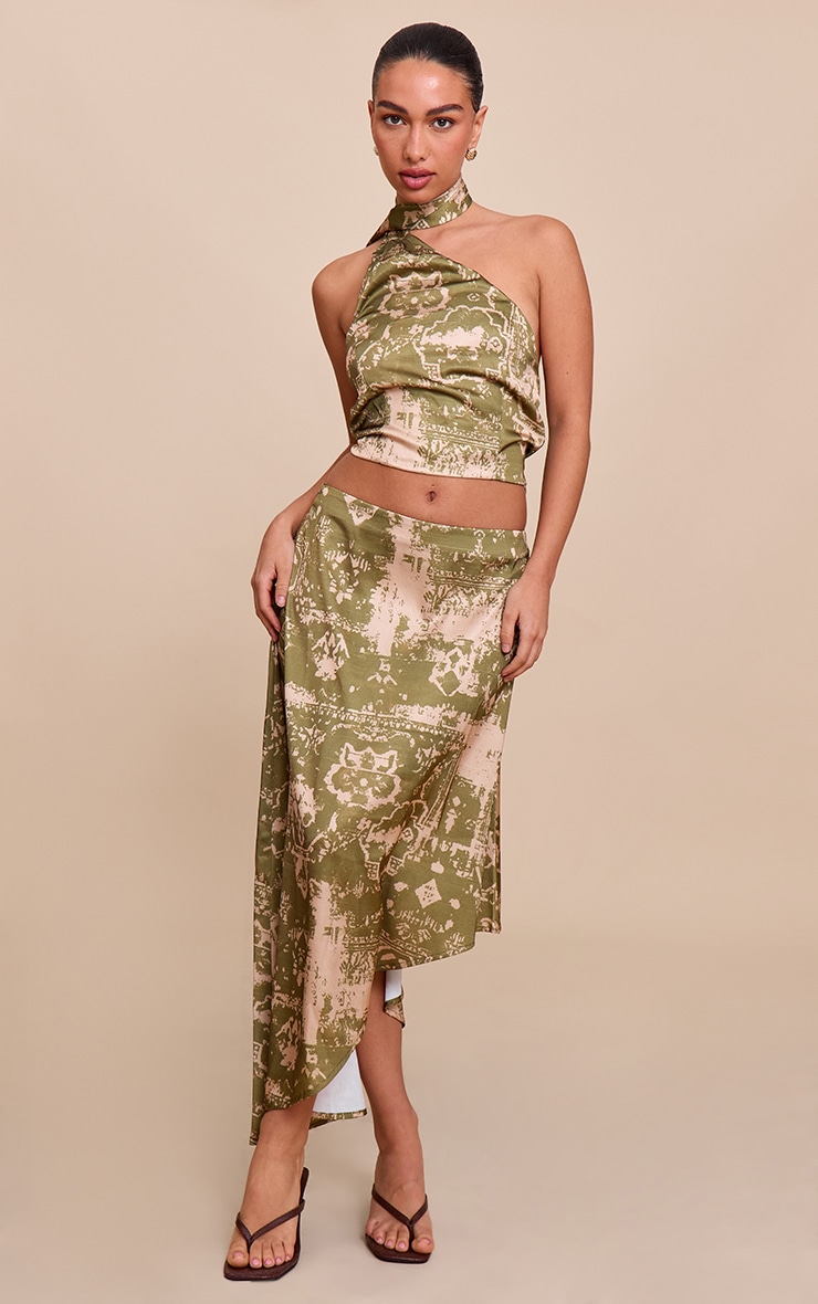 Khaki Printed Satin Scarf Detail Crop Top image 3