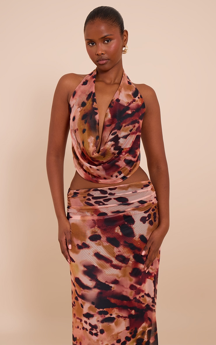 Multi Abstract Print Cowl Neck Mesh Top image 1