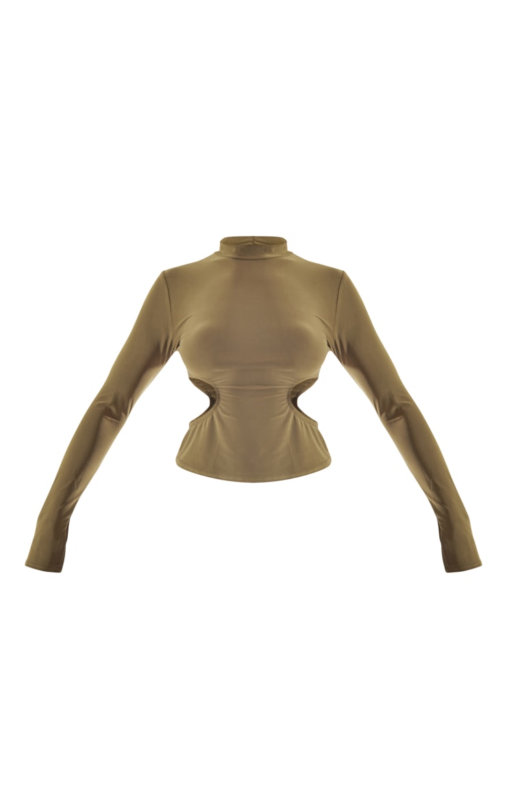 Khaki Slinky High Neck Side Cut Out Top image 5