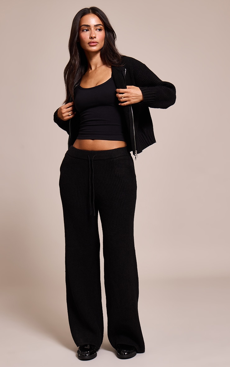 Petite Black Brushed Rib Knit Zip Through Cardigan image 3