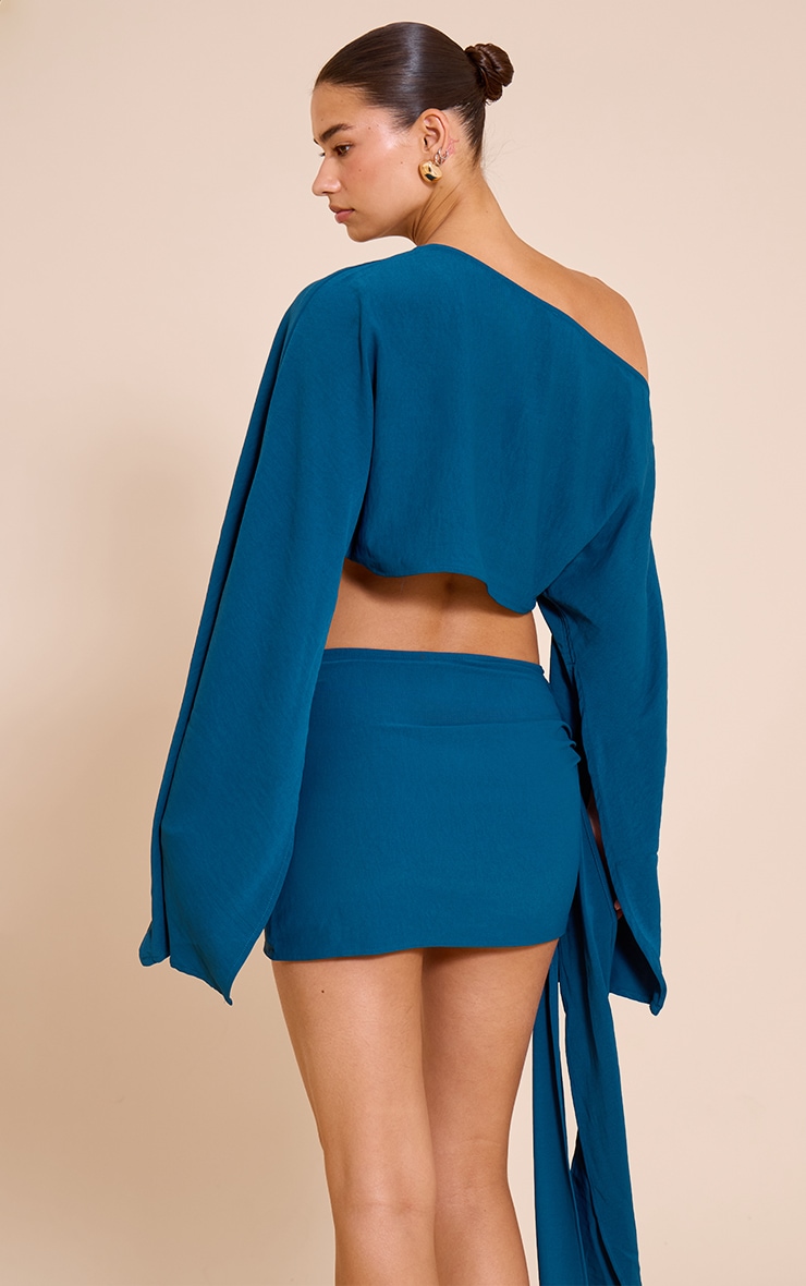 Teal Floaty Woven Slash Neck Long Sleeve Top image 2