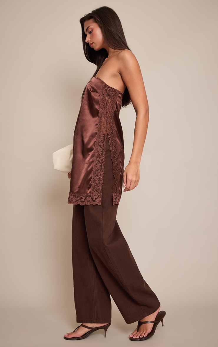 Chocolate Satin Lace Trim Detail Longline Bandeau Top image 3