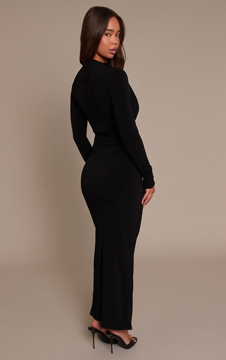 PLT Label Black Double Layer Slinky Trim Detail Asymmetric Plunge Maxi Dress image 2