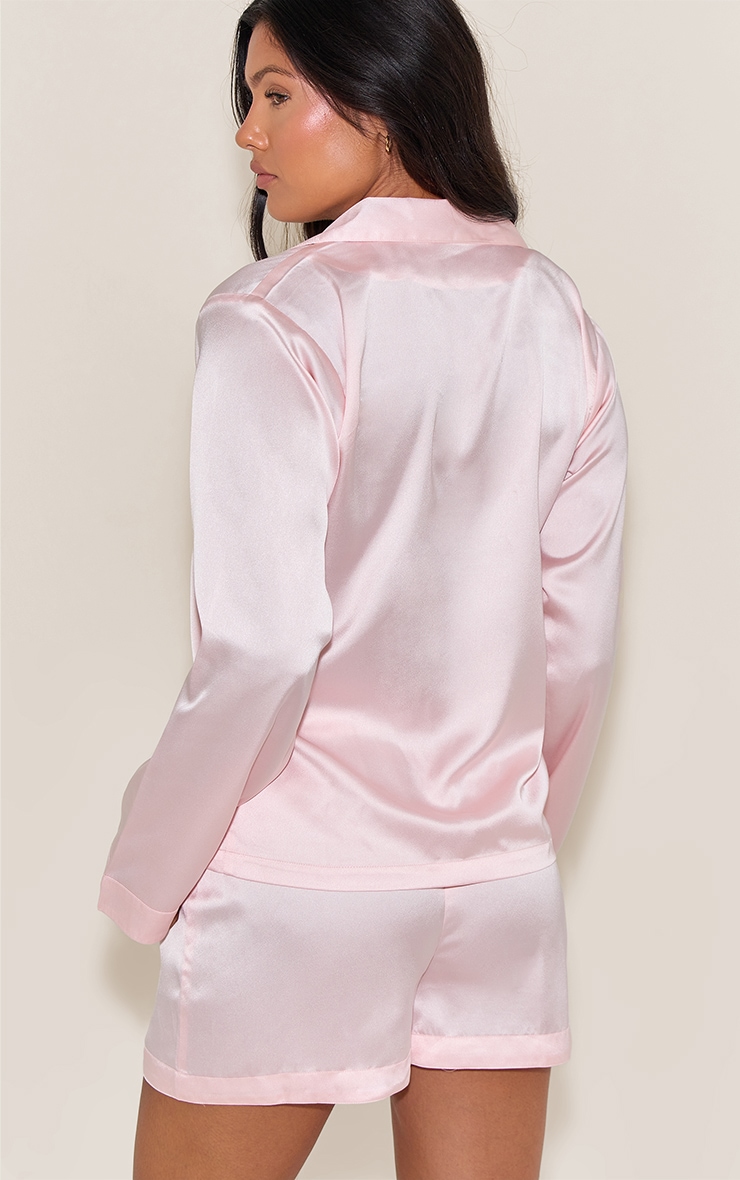 Pink Satin Long Sleeve Short Pj Set image 2