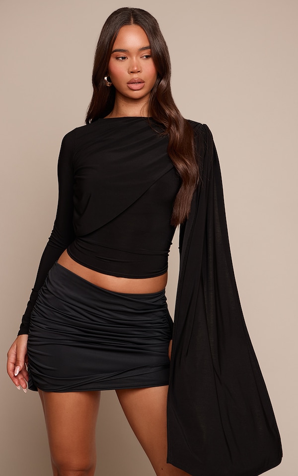 Black Double Layered Extreme Drape Detail Long Sleeve Top 
