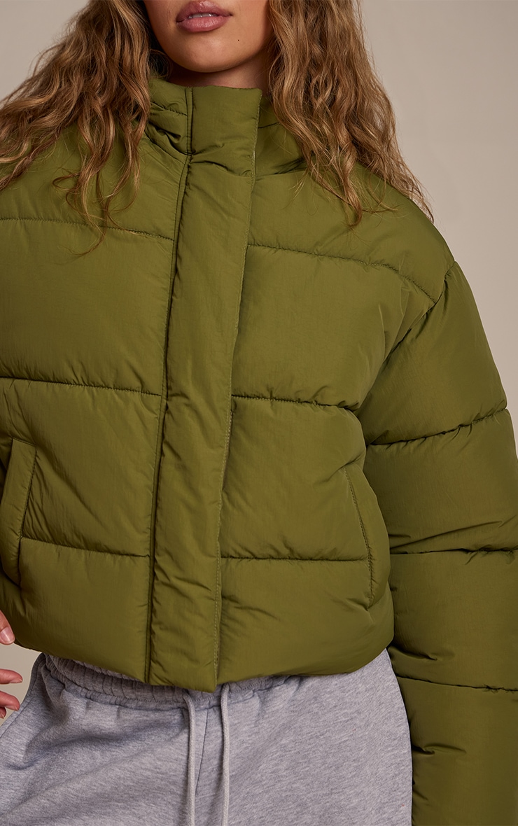 Khaki Cropped Drawstring Puffer Jacket image 4