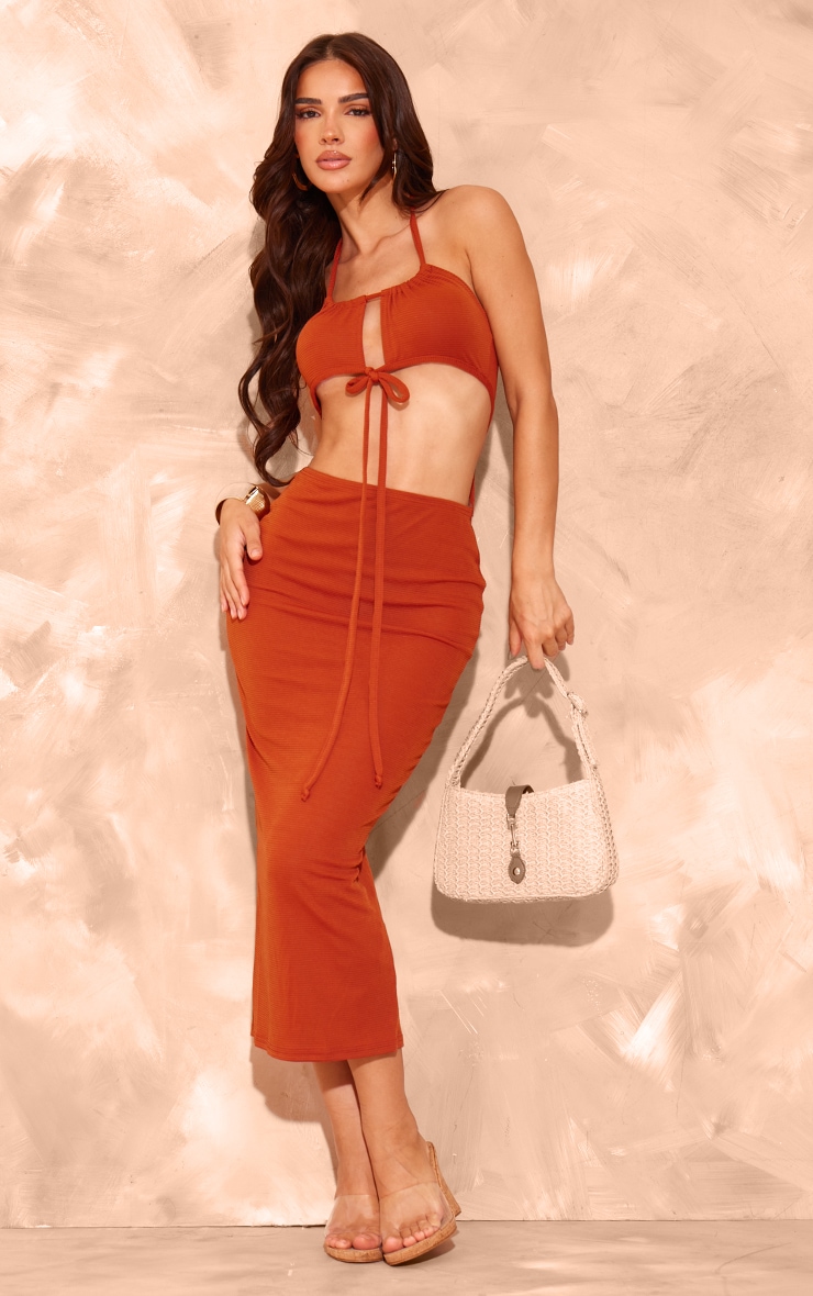 Rust Thick Rib Waist Tie Halterneck Midaxi Dress