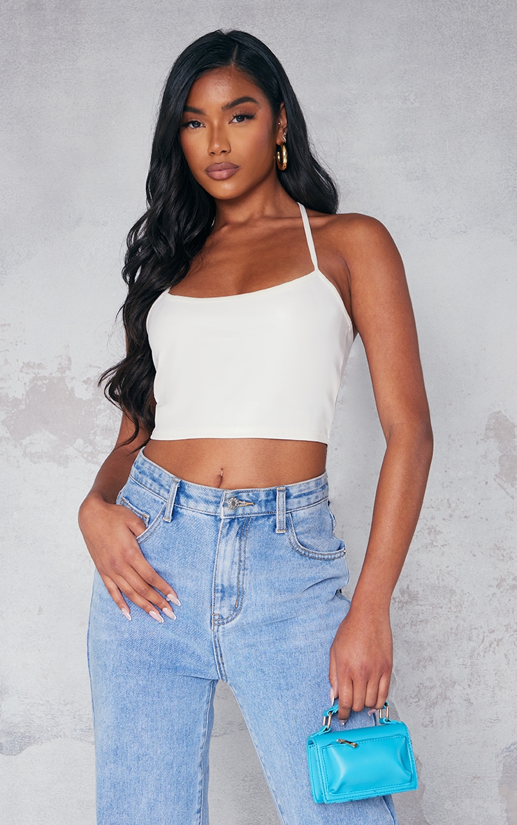Cream Faux Leather Halter Crop Top image 1