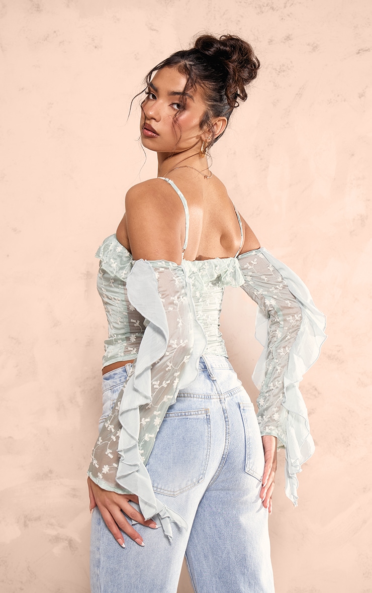 Sage Green Applique Detail Woven Hook & Eye Frill Boned Bardot Corset image 2