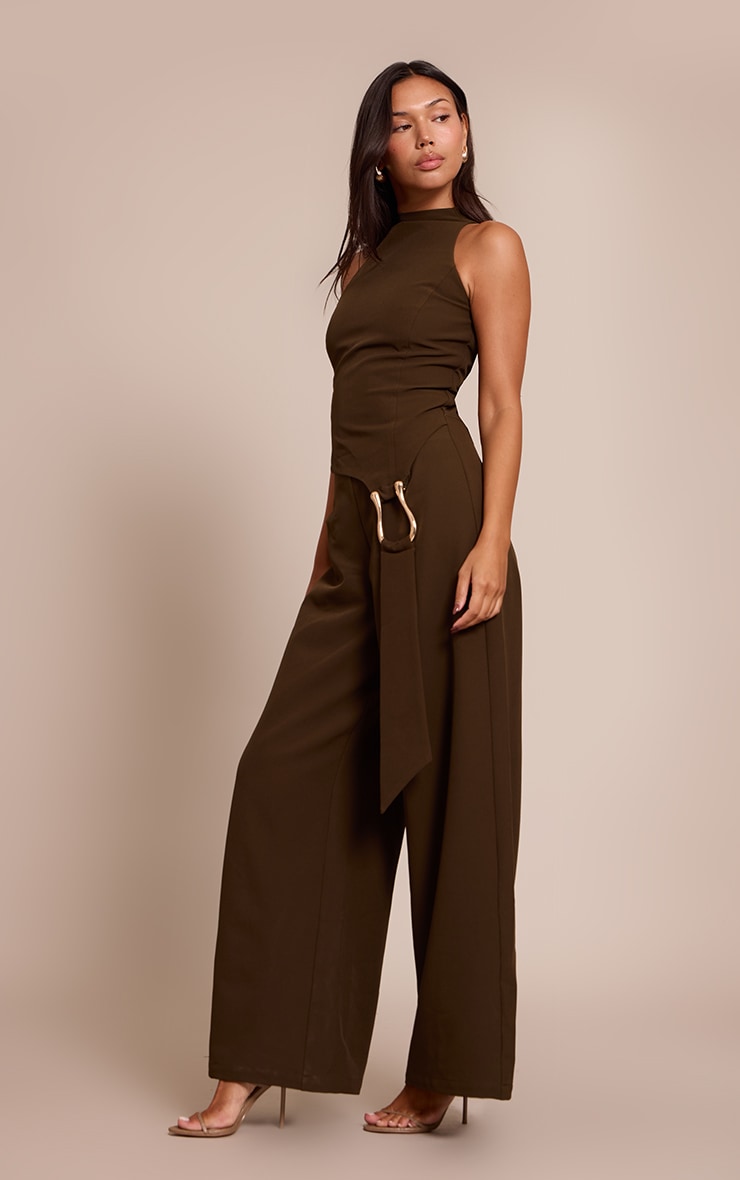 Khaki Woven Belt Trim Detail Straight Leg Jumpsuit image 3