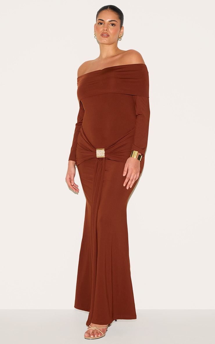 Plus Chocolate Bardot Long Sleeve Trim Drape Detail Maxi Dress image 3
