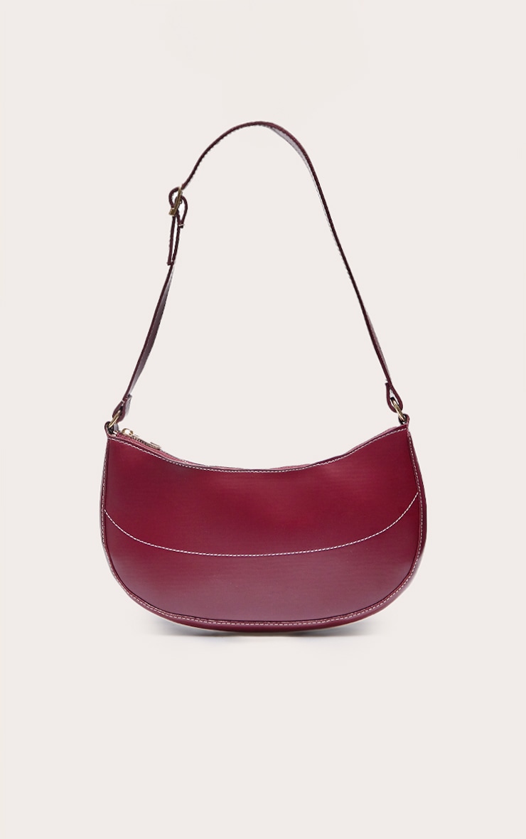 Burgundy PU Contrast Stitch Shoulder Bag image 3