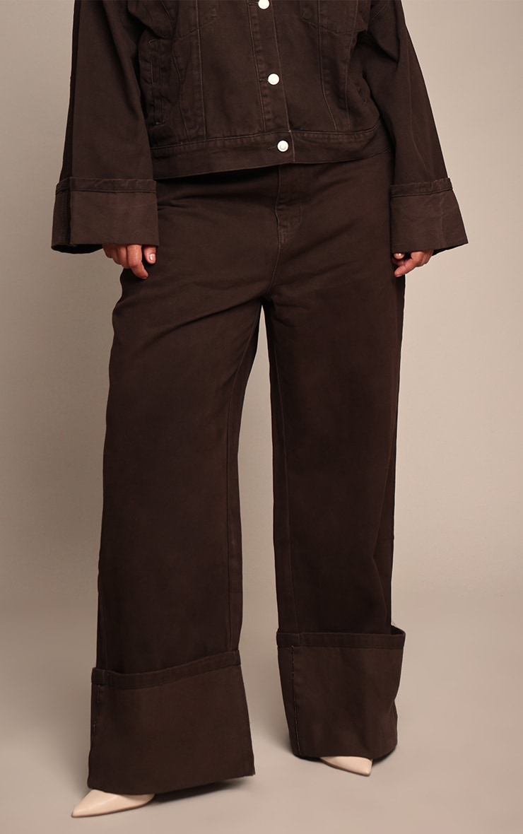 Plus Chocolate Contrast Stitch Turn Up Hem Wide Leg Jeans image 2