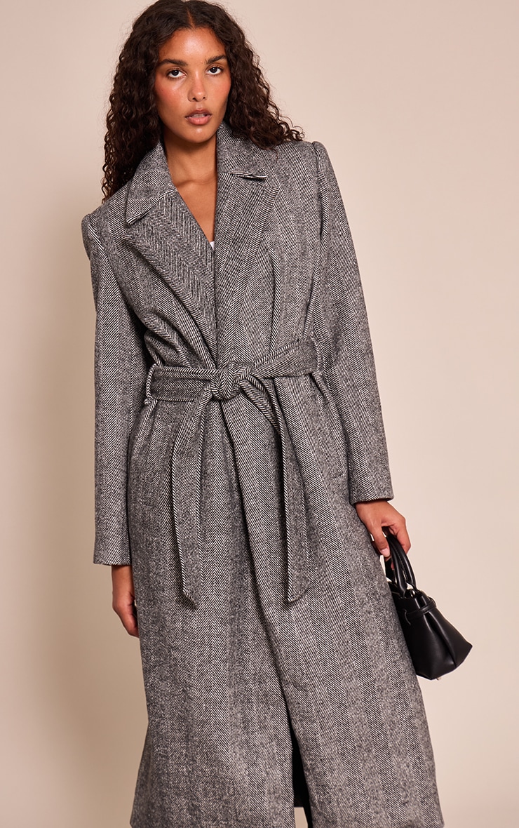 Black Herringbone Tie Waist Maxi Coat image 4