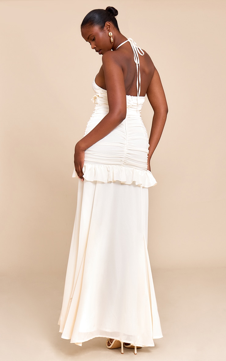 Cream Ruched Frill Halterneck Maxi Dress image 2