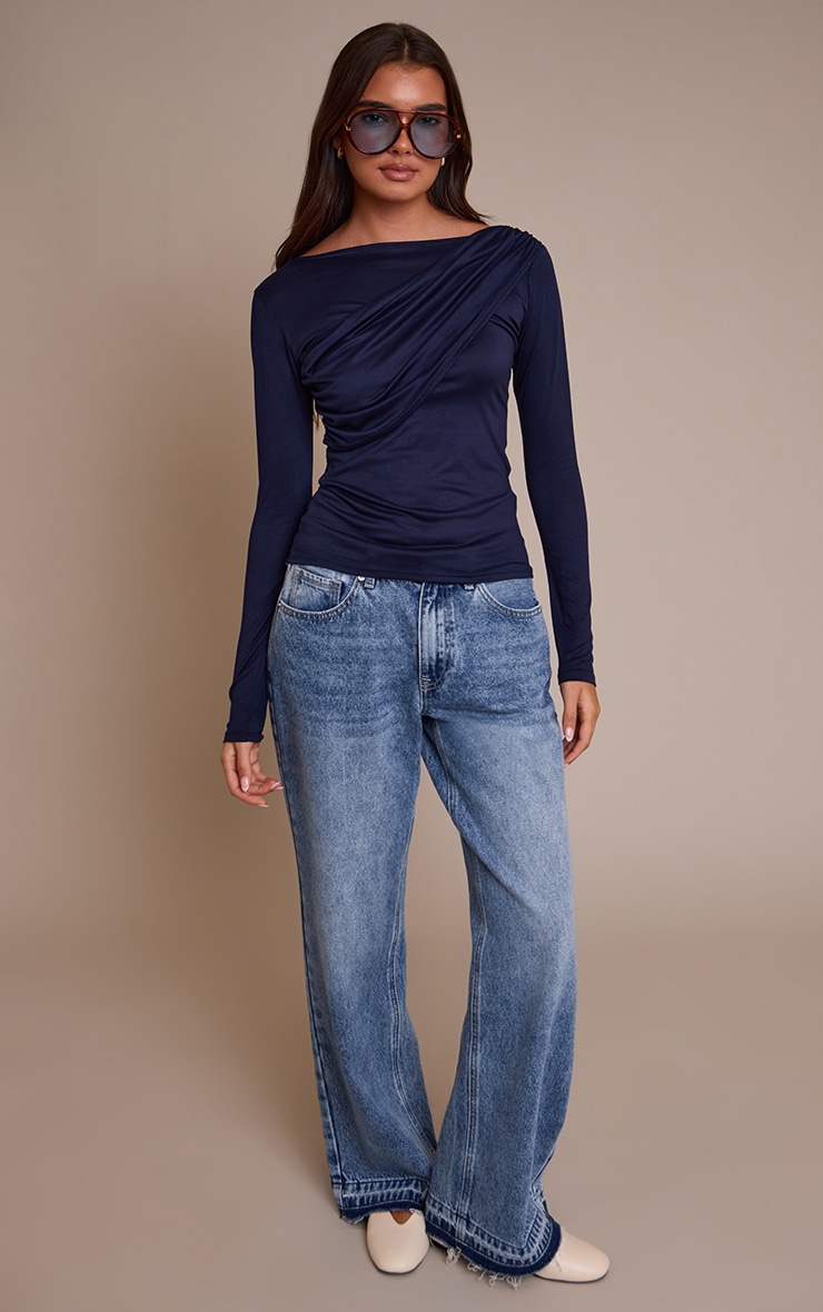 Navy Soft Touch Drape Detail Long Sleeve Top  image 3