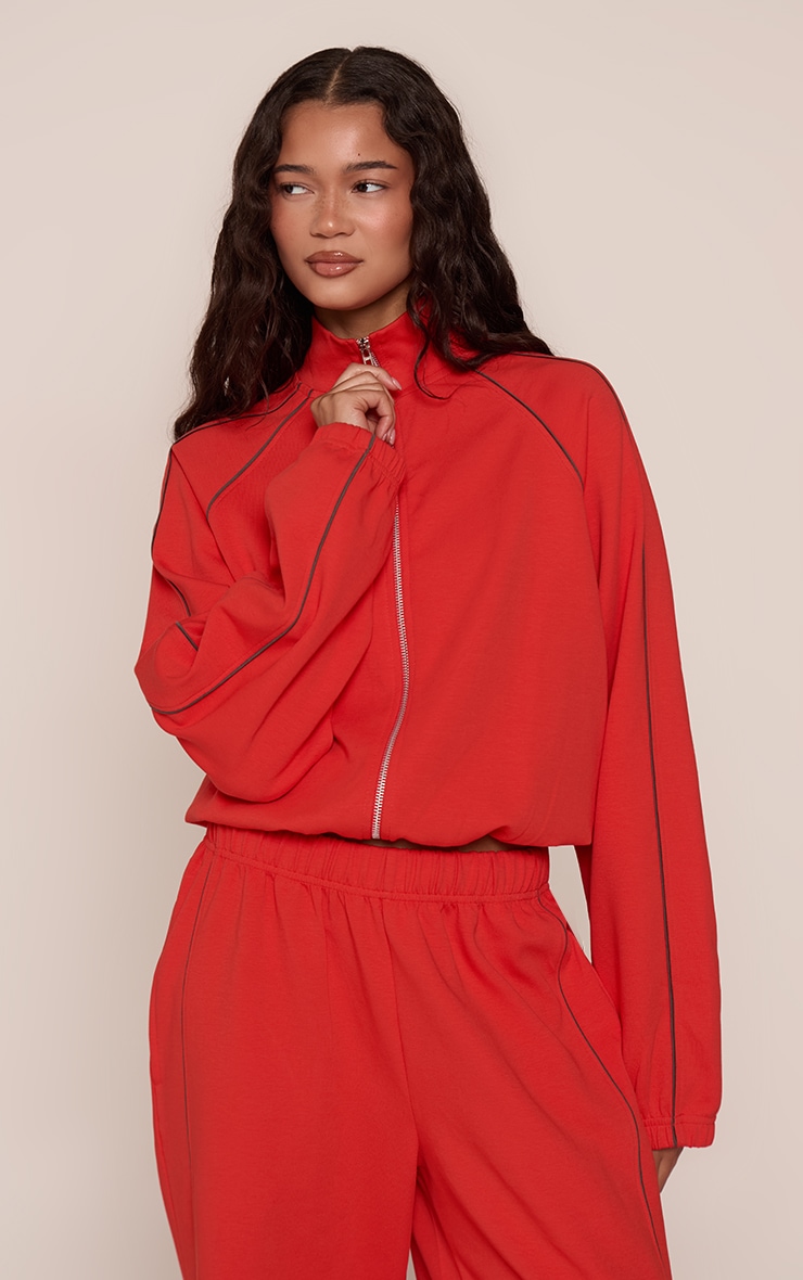 Red Interlock Contrast Piping Bomber Sweatshirt
