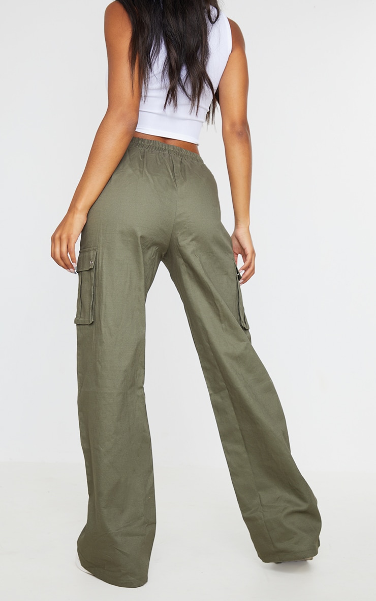 Khaki Wide Leg High Waisted Cargo Pants image 3