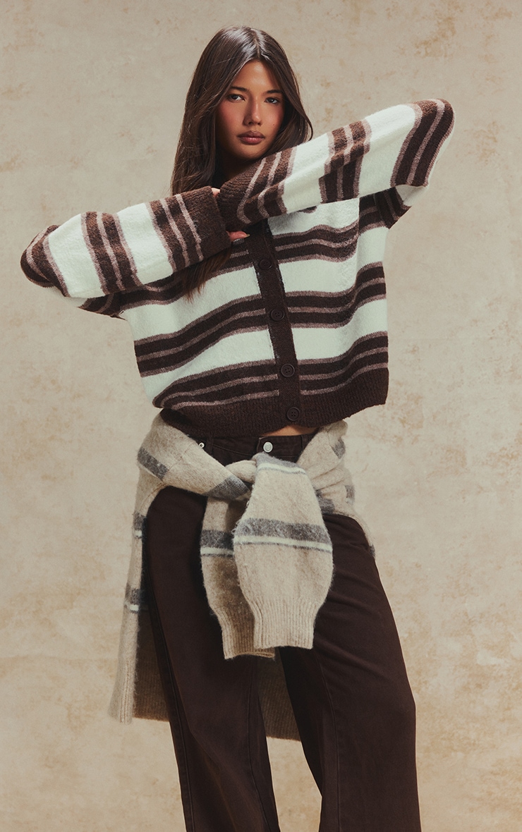 Chocolate Wool Blend Striped Cardigan image 5