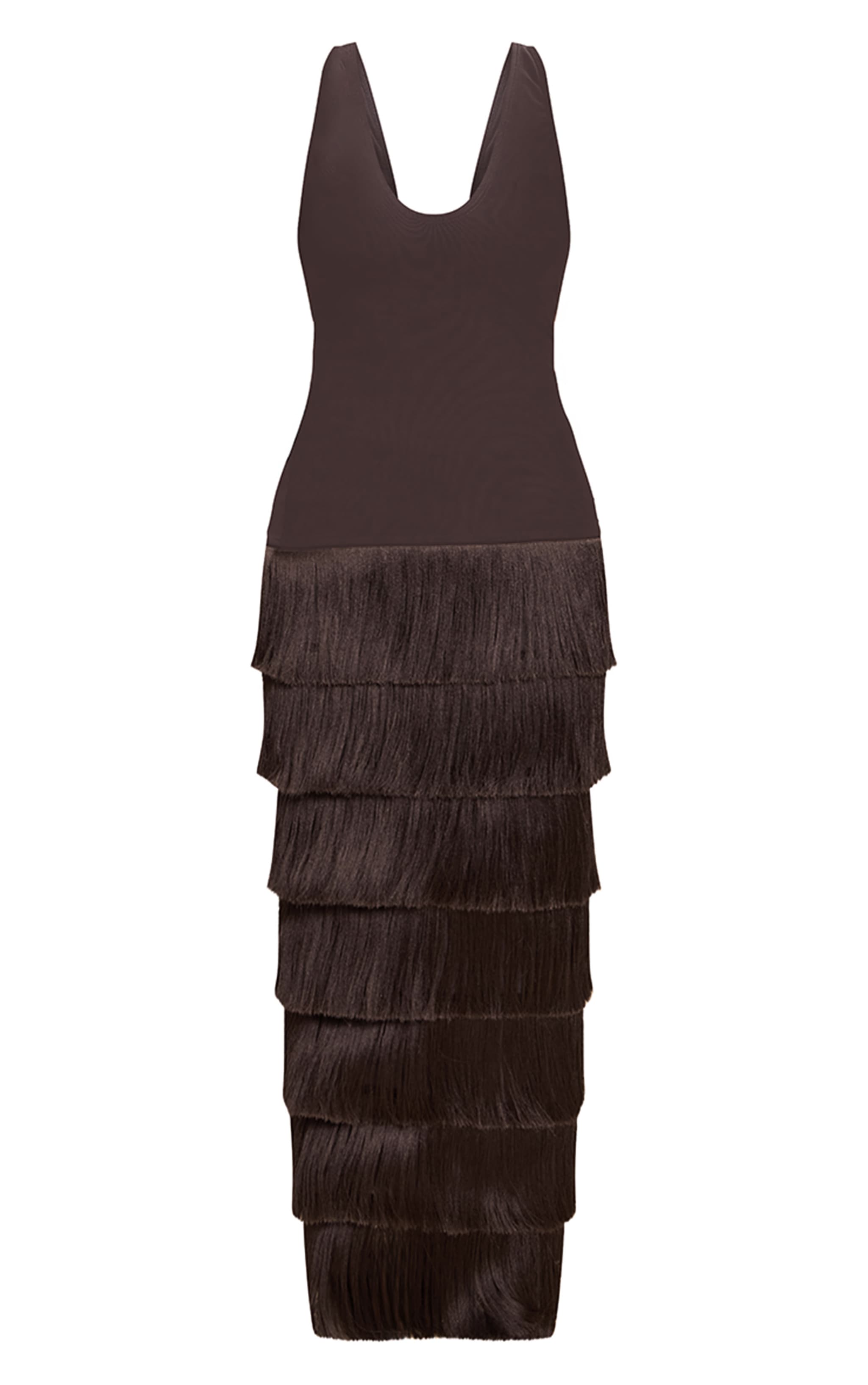 PLT Label Dark Chocolate Mesh Fringe Skirt Maxi Dress image 5