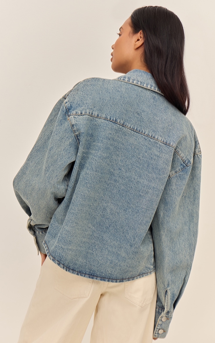 Vintage Balloon Sleeve Curved Hem Denim Shirt image 2
