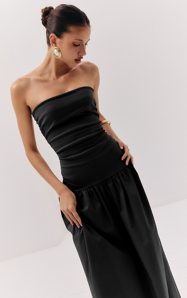 Black Stretch Woven Bandeau Ruched Maxi Dress