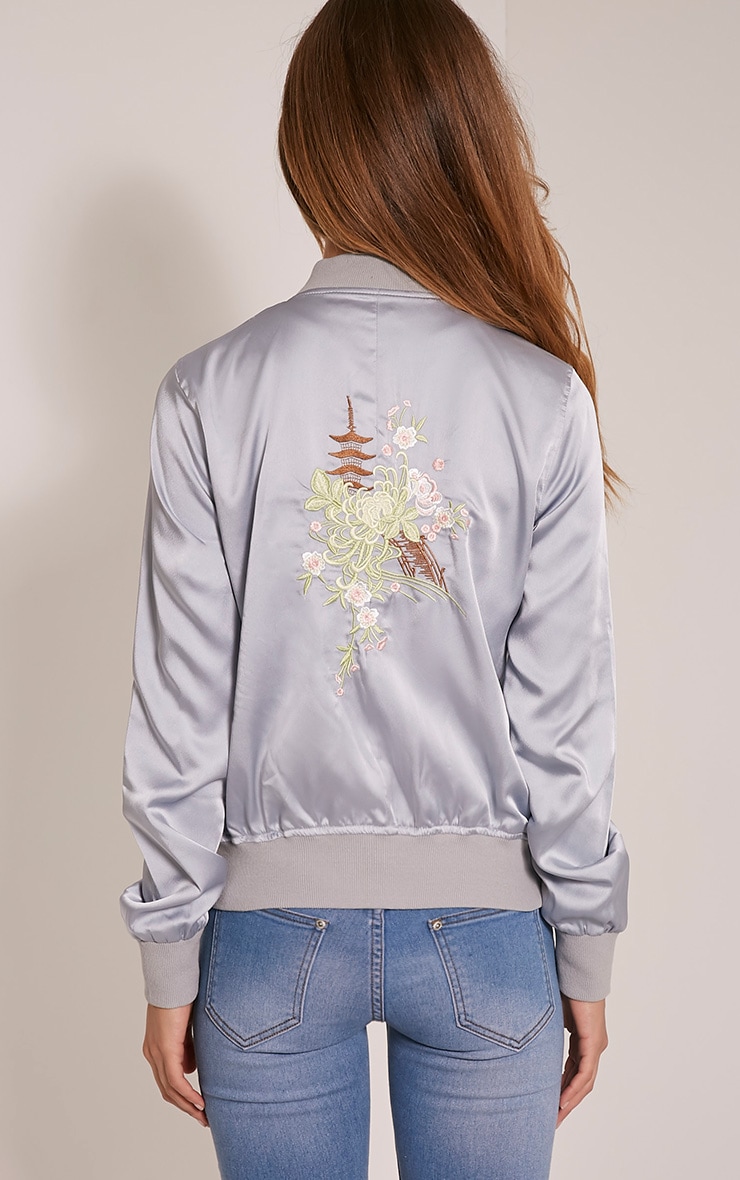 Mura Grey Satin Embroidered Bomber Jacket PrettyLittleThing USA