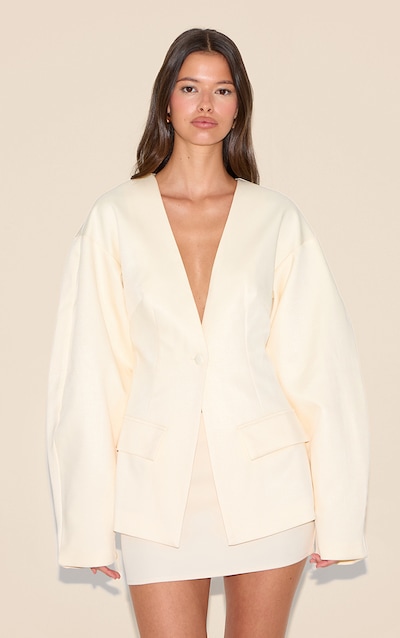 Ecru Cocoon Sleeve Cinched Waist Pocket Blazer