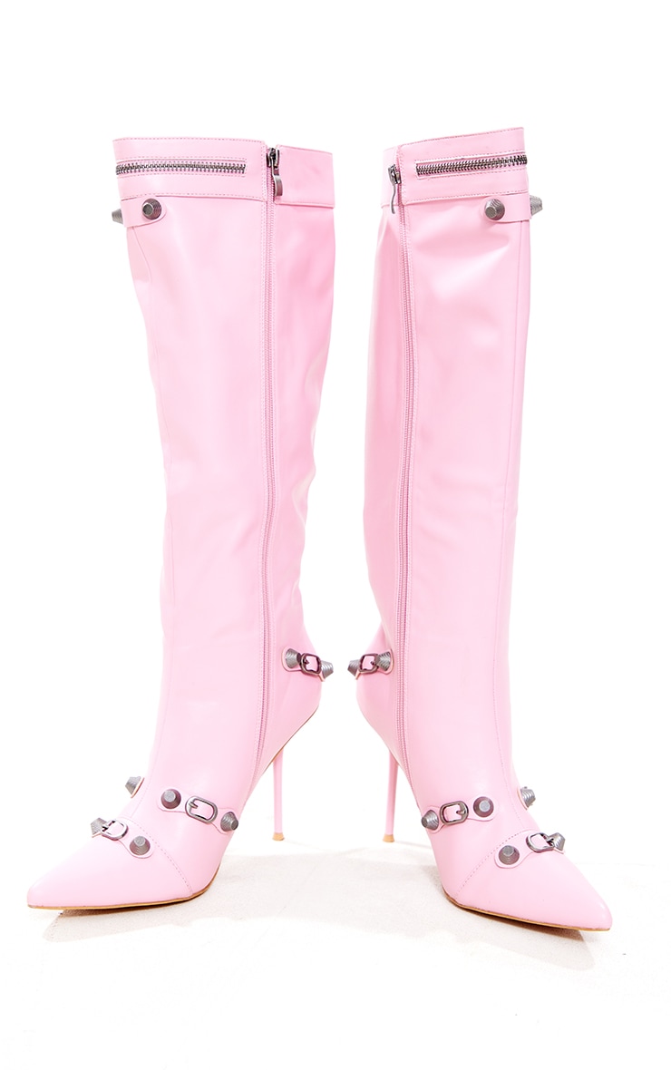 Pink PU Zip Detail Point Toe Mid Heeled Knee Boots image 2