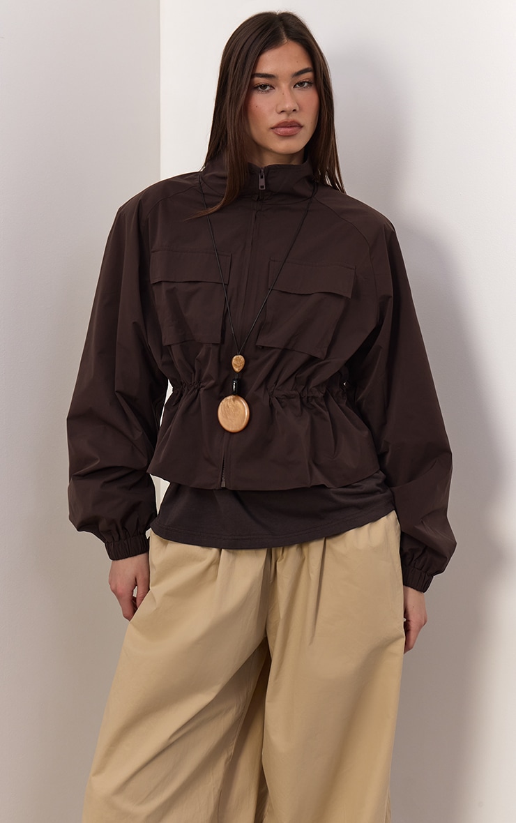 Chocolate Funnel Neck Cinched Utility Windbreaker image 5