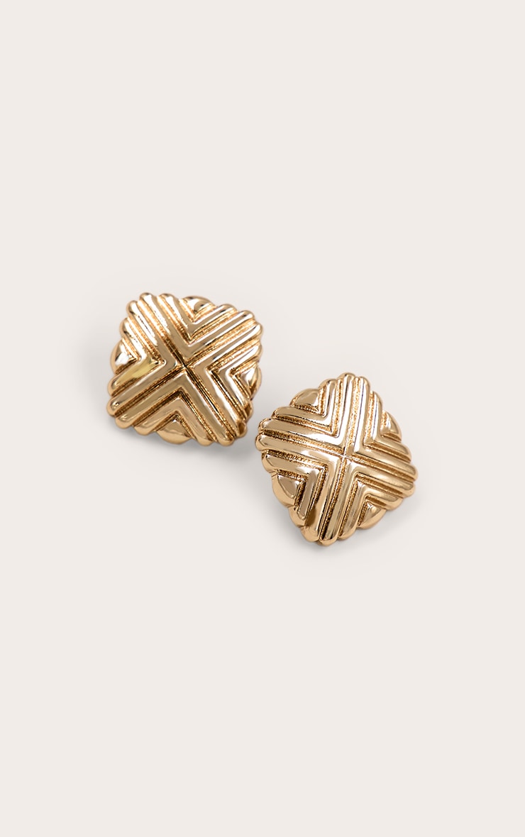 Gold Diamond Ridge Cushion Stud Earrings image 2