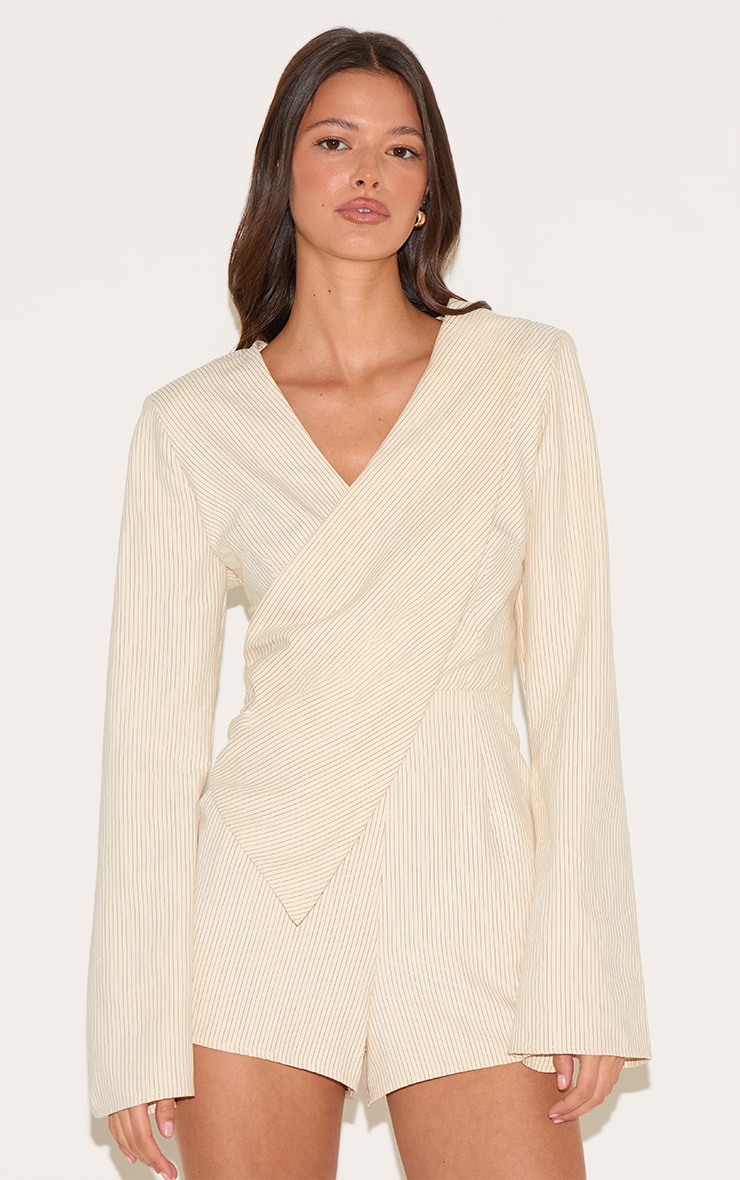 Cream Pinstripe Peachskin Wrap Front Long Sleeve Romper image 1