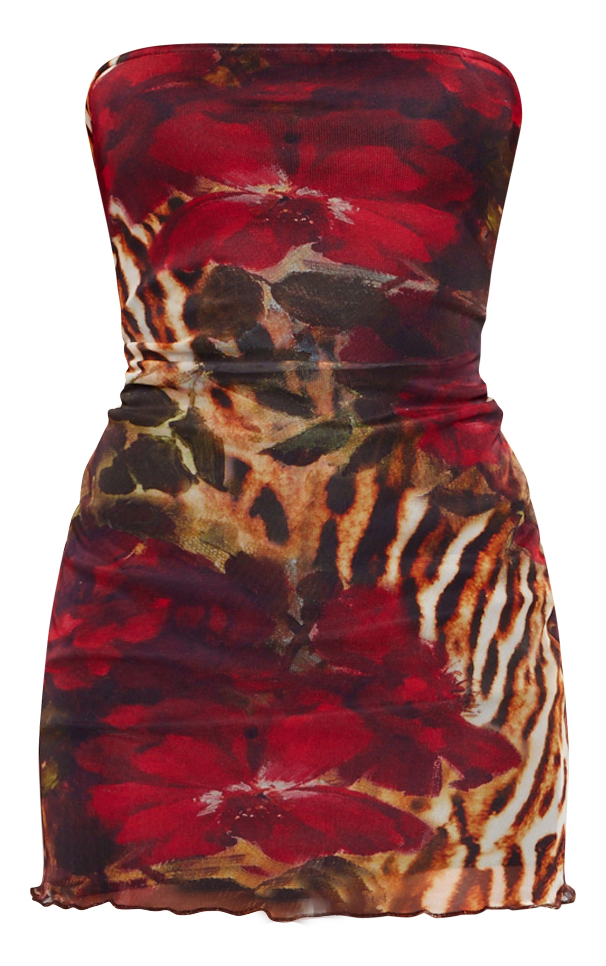 Red Floral Mesh Lettuce Hem Bandeau Bodycon Dress image 1