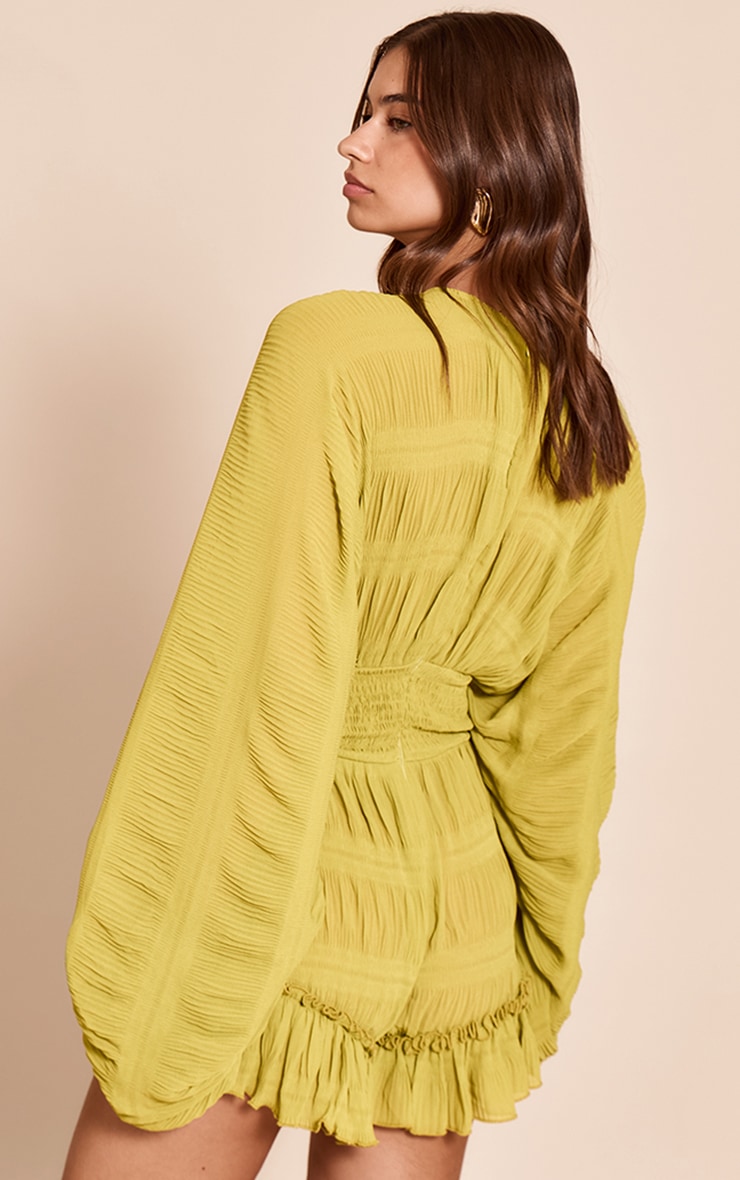 Olive Textured V Neck Frill Romper image 2