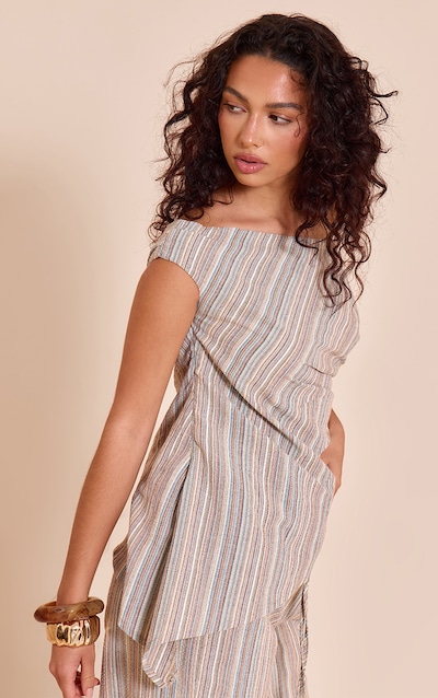 Top long asymétrique texturé multicolore à rayures et épaule unique