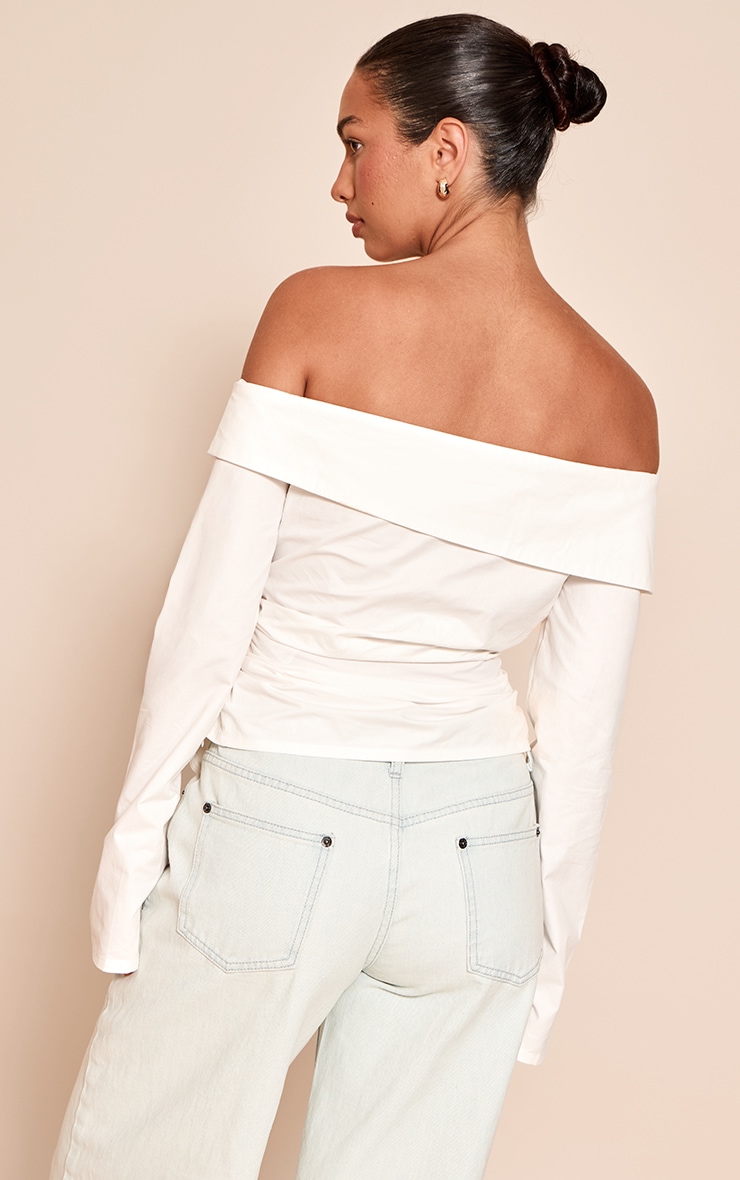 White Cotton Ruched Asymmetric Hem Bardot Top image 2