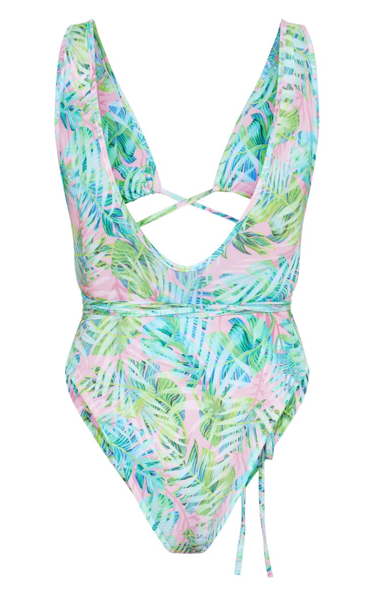 Palm Print Cut Out Wrap Around Swimsuit PrettyLittleThing