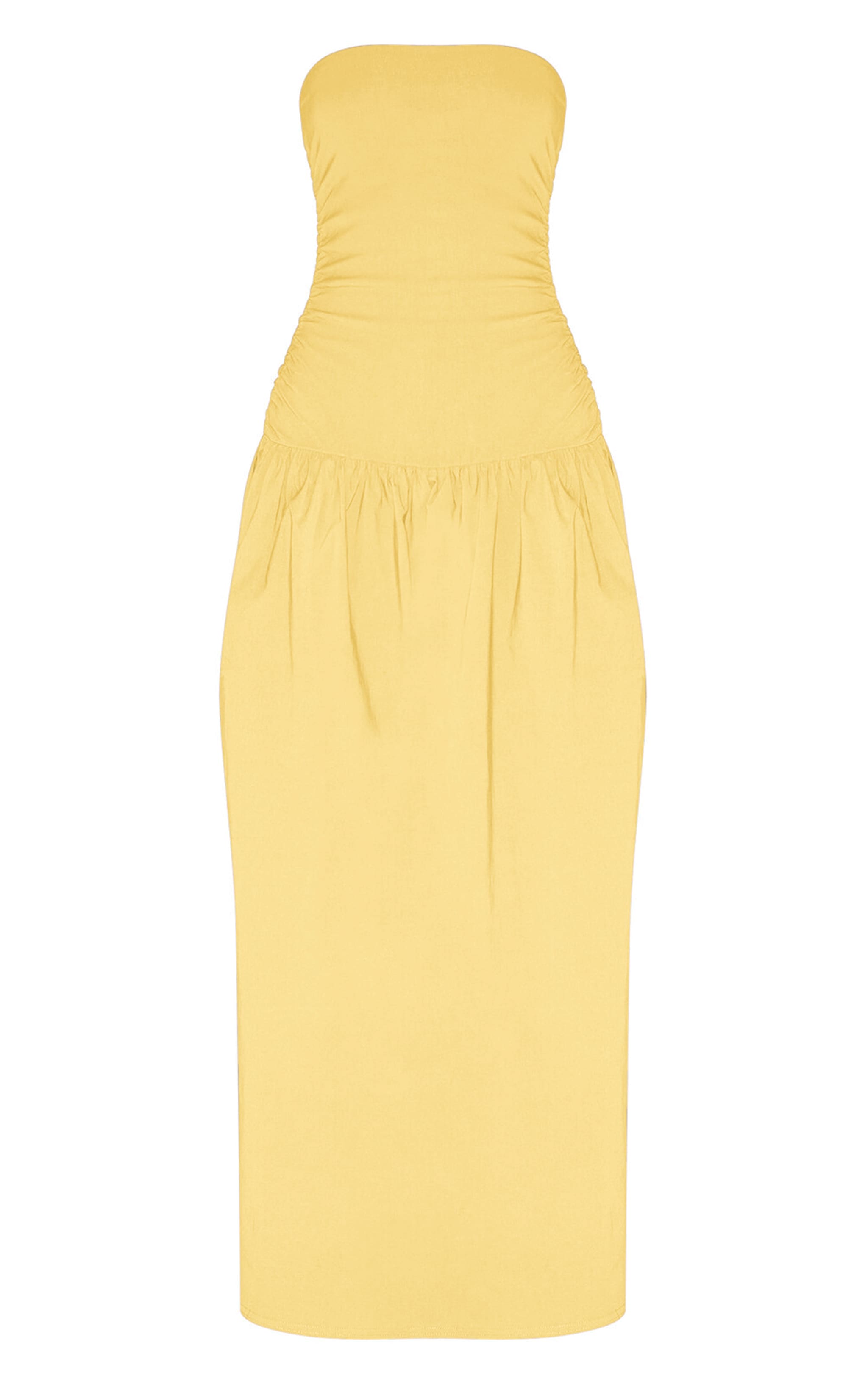 Lemon Stretch Woven Bandeau Ruched Maxi Dress