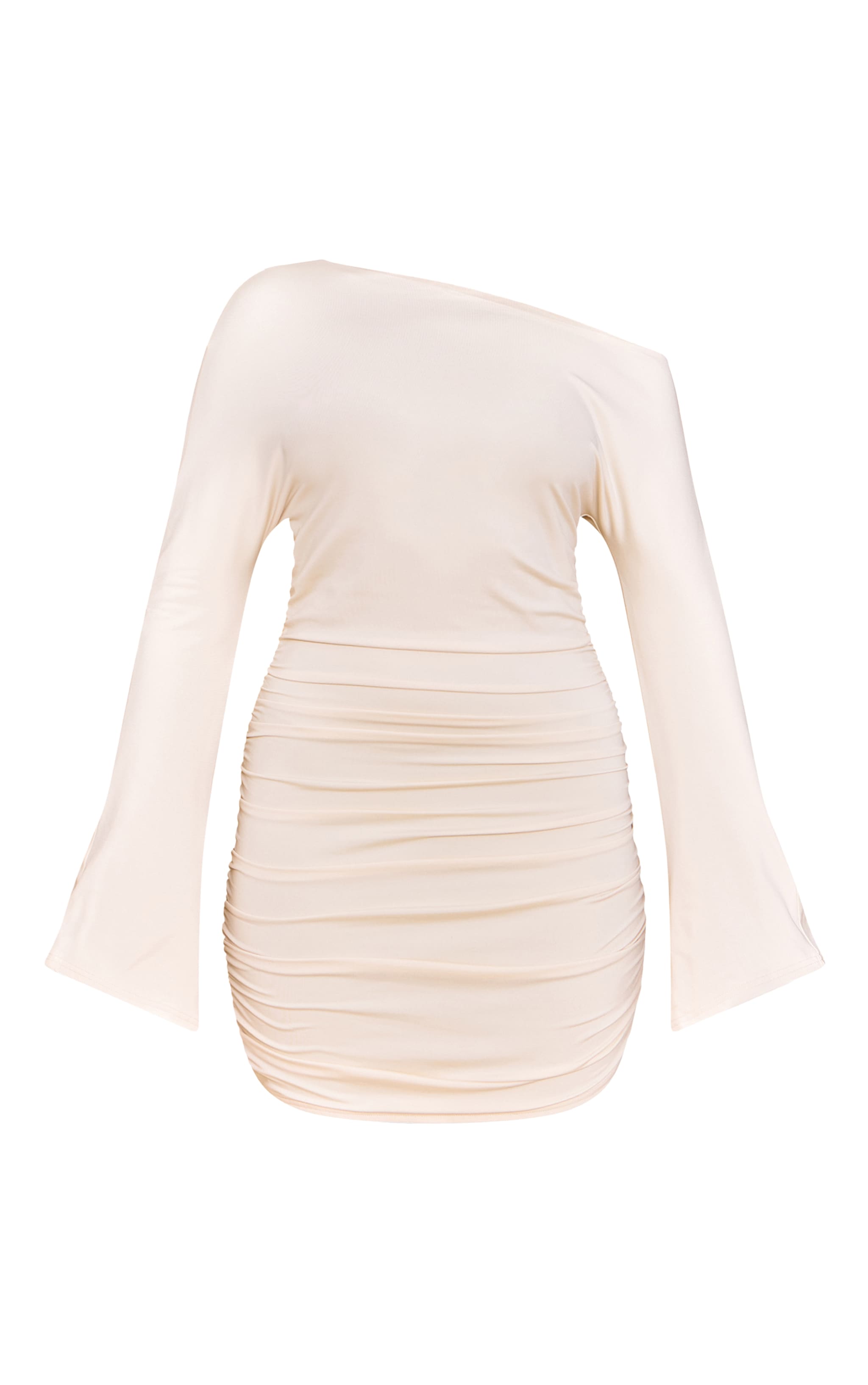 Cream Soft Touch Ruched Long Sleeve Mini Dress image 5
