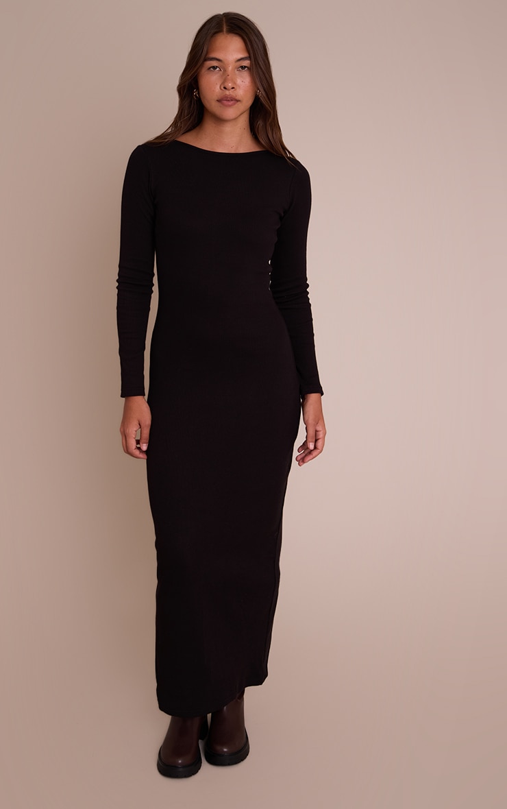 Black Ribbed Boat Neck Long Sleeve Bodycon Maxi Dress image 3