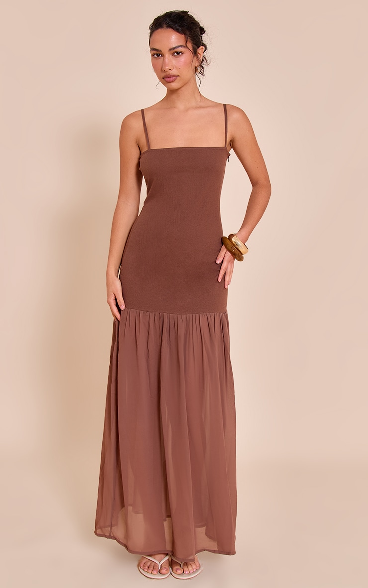 Chocolate Linen Look Strappy Dropped Waist Maxi Dress image 3