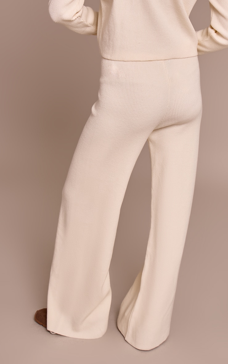 Cream Ribbed Wide Leg Knit Pants image 3
