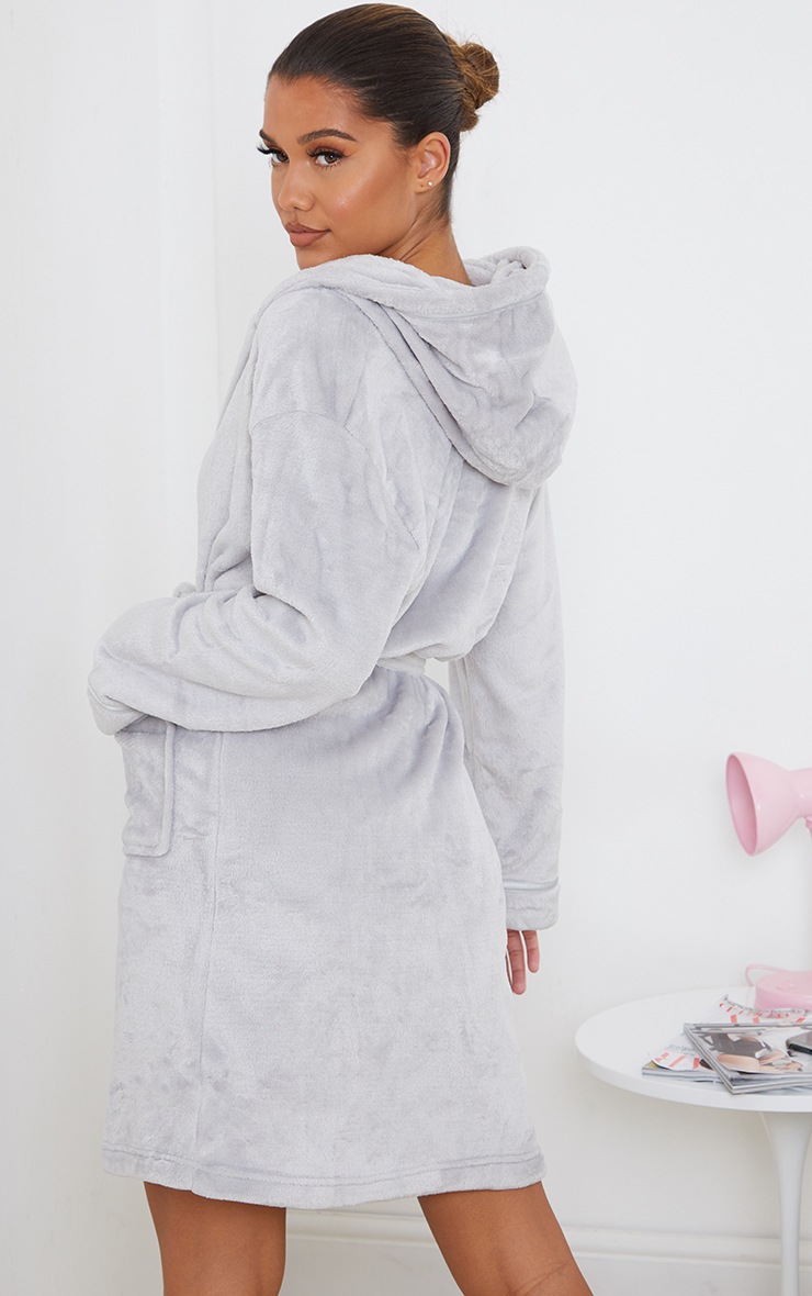 Grey Satin Trim Fleece Hooded Dressing Gown
