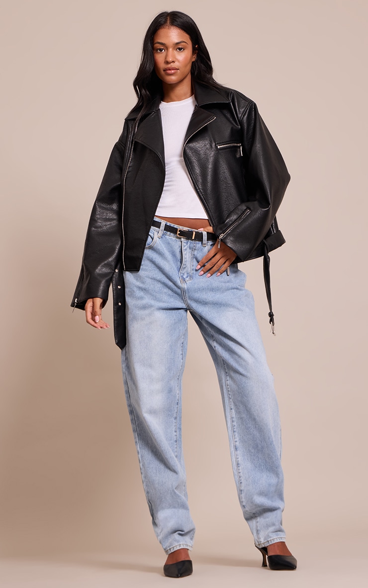 Tall Black Faux Leather Oversized Biker Jacket image 3