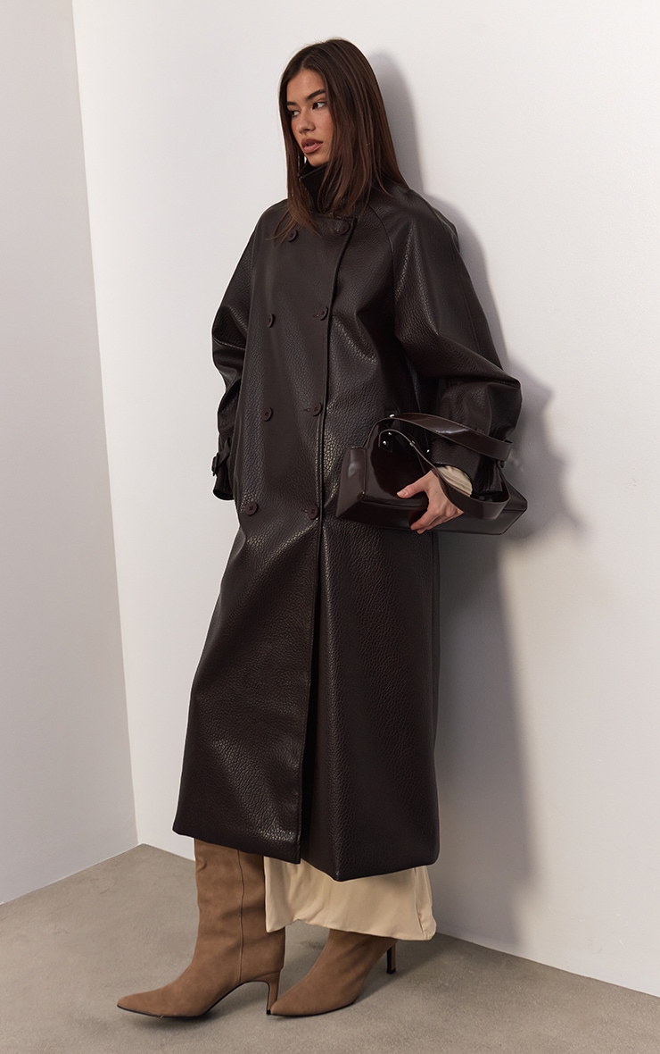 Dark Chocolate Textured Faux Leather Trench Coat image 1