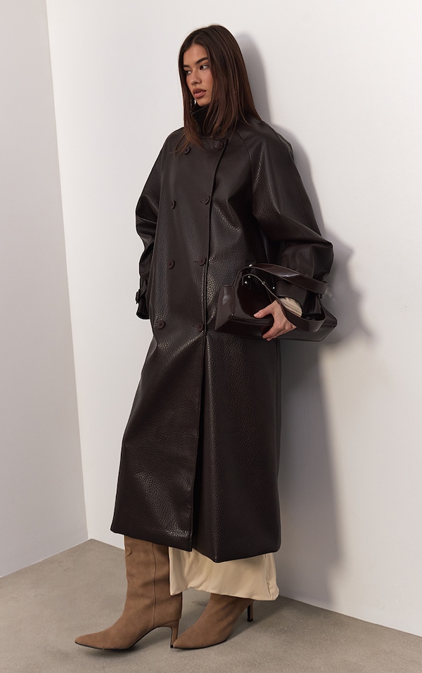 Dark Chocolate Textured Faux Leather Trench Coat