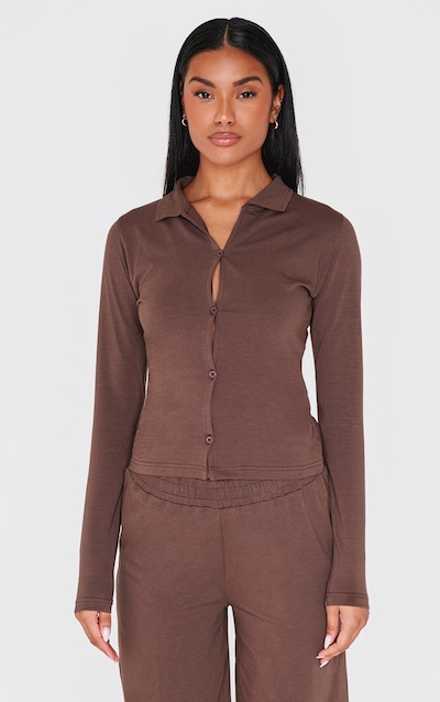 Chocolate Button Up Jersey Fitted Top