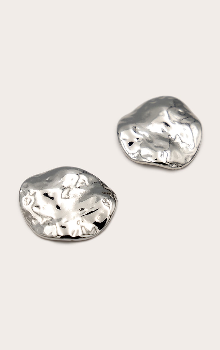 Silver Molten Round Stud Earrings image 2